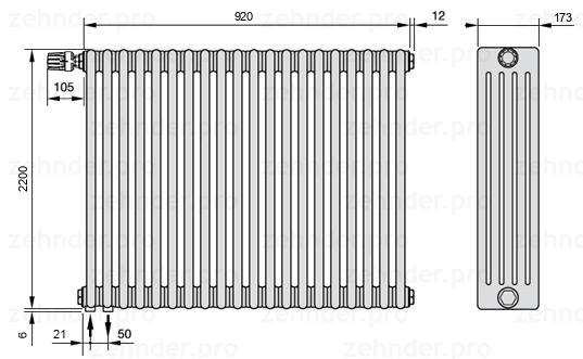 Схема (чертеж) Радиатор Zehnder Charleston 5220/20 №V001 Белый глянцевый RAL 9016
